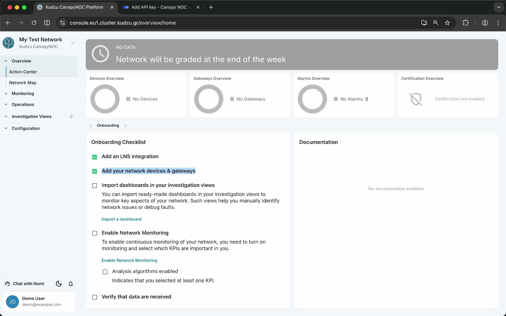 Checklist showing LNS and devices/gateways complete