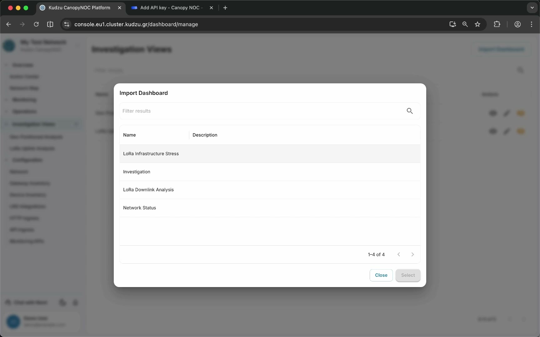 Dashboard selection dialog