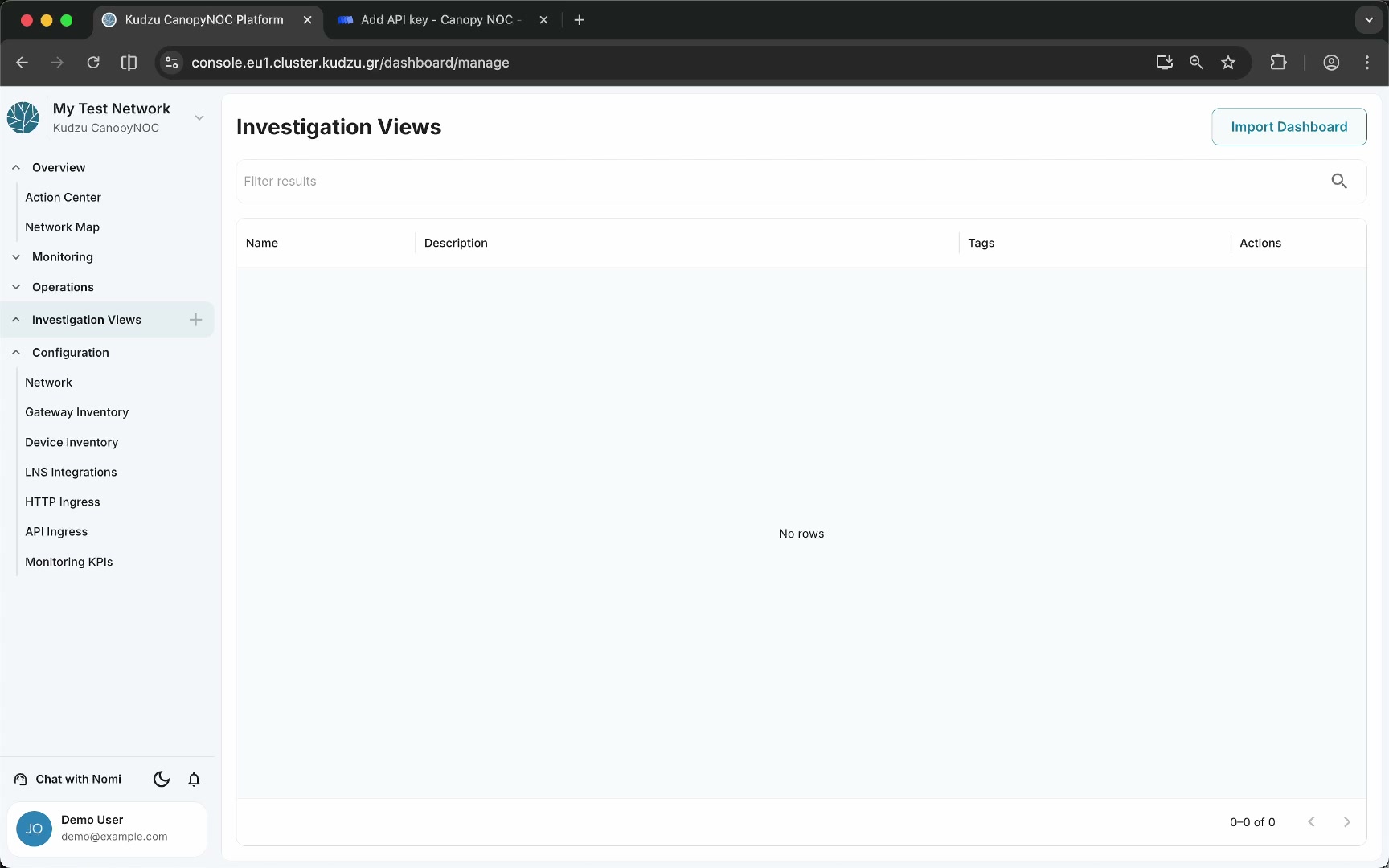 Import Dashboard button
