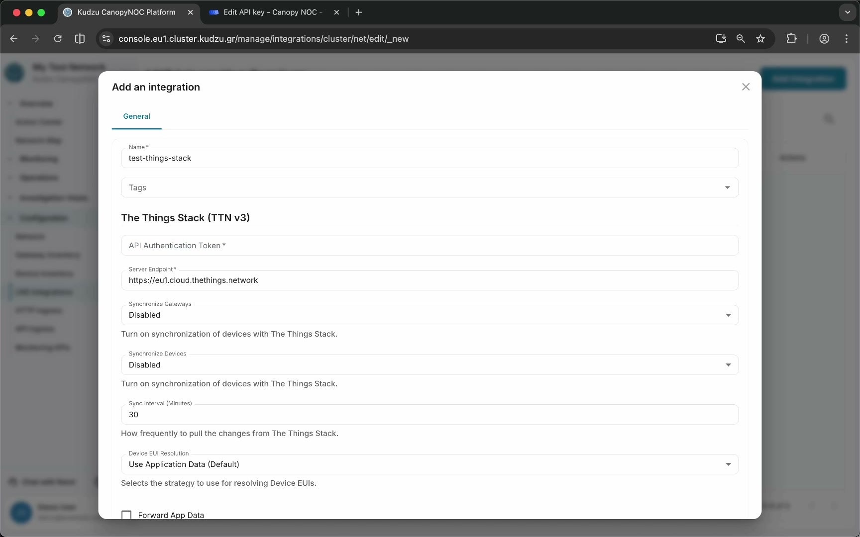 Integration form with name and token fields