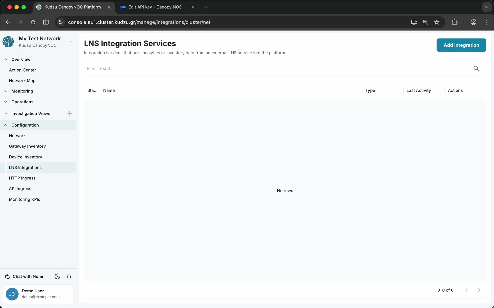 LNS Integrations view