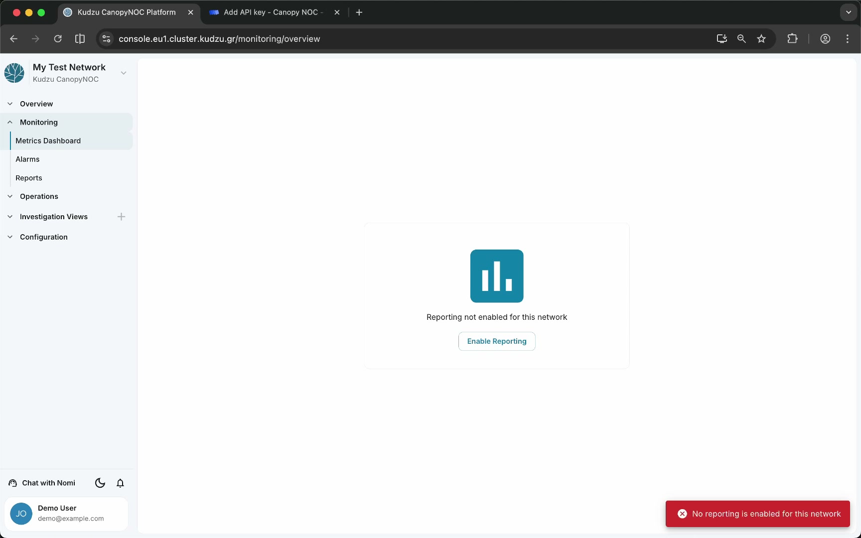 Metrics Dashboard showing reporting not enabled