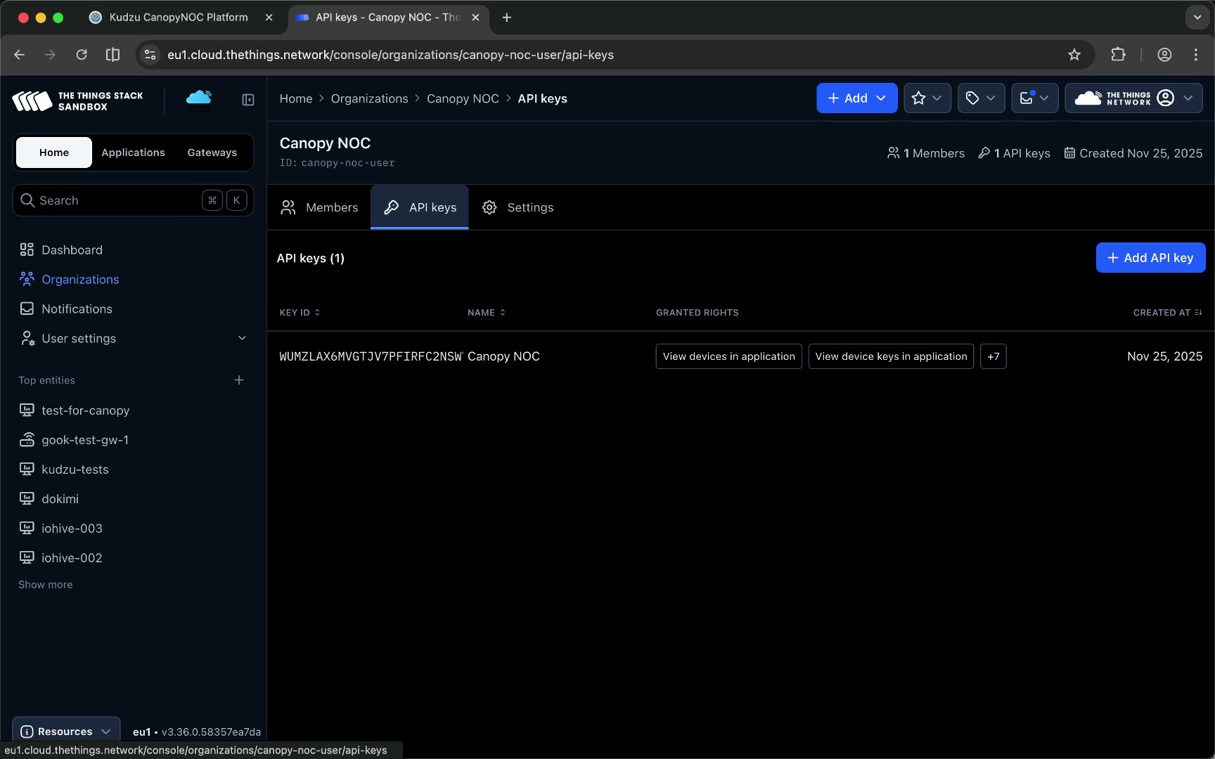 API keys section