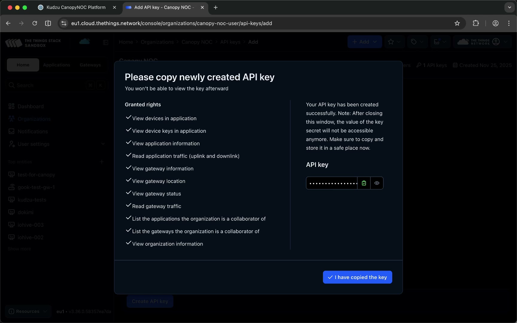 Copy the generated API key