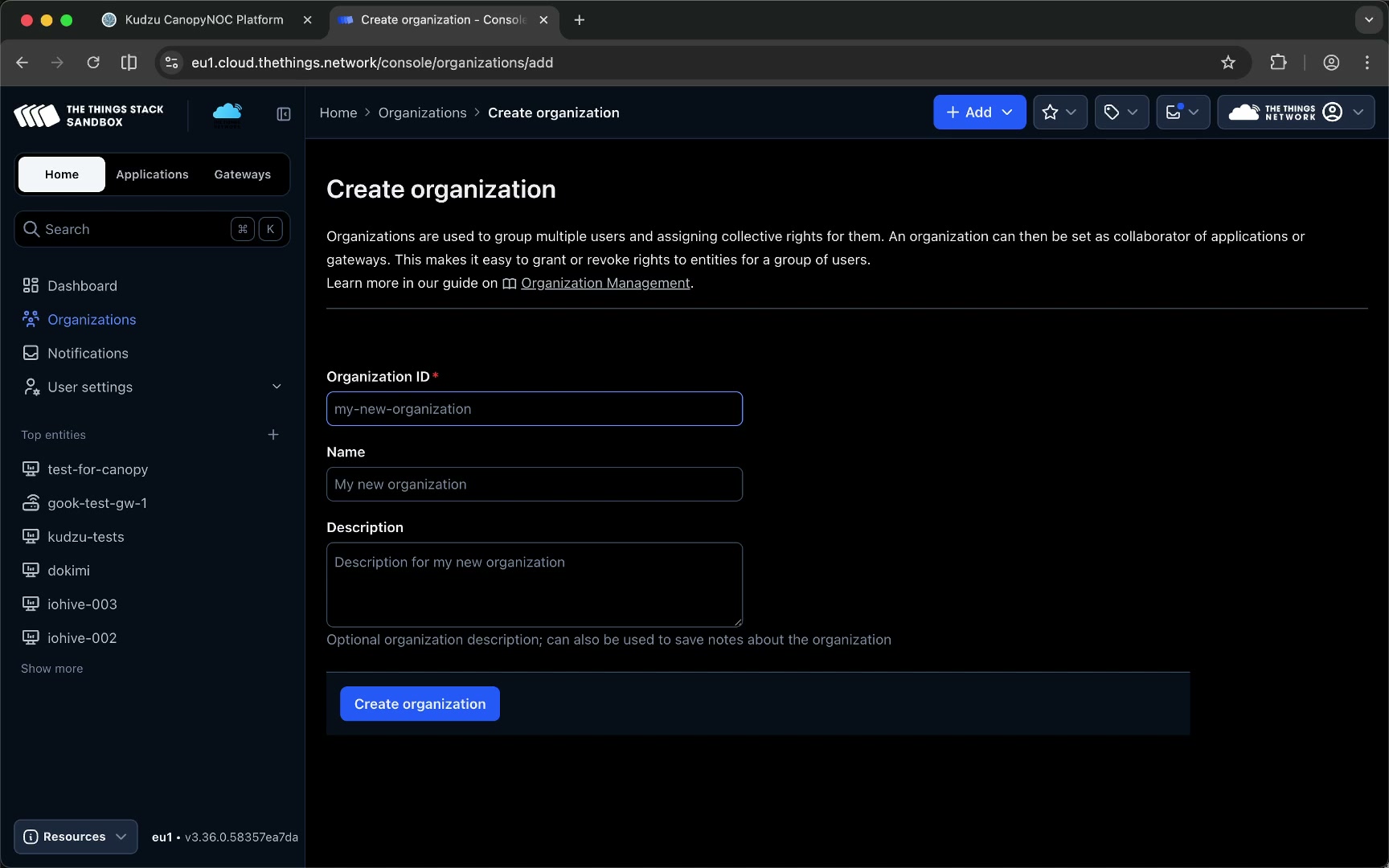 The Things Stack Organizations page