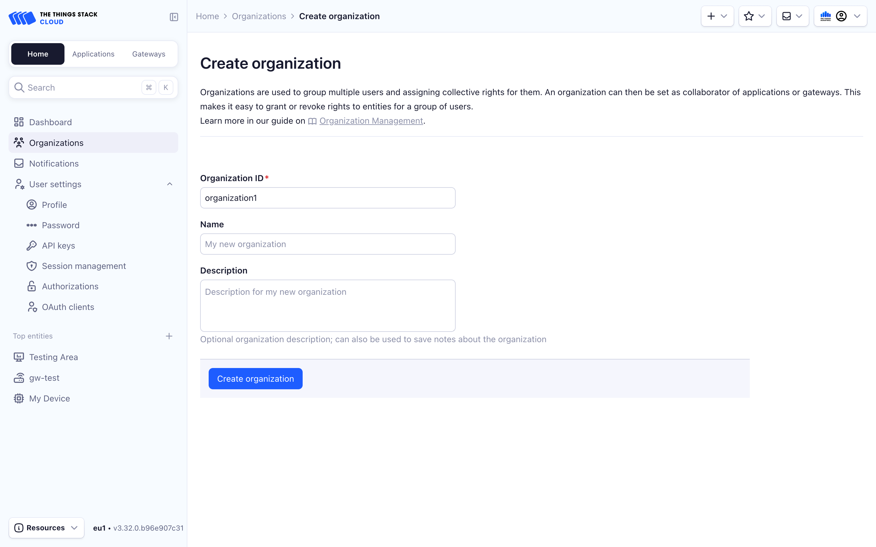 Create organization in TTS console