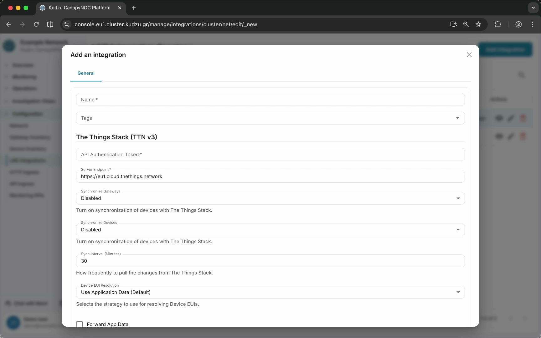 Add Integration form for The Things Stack