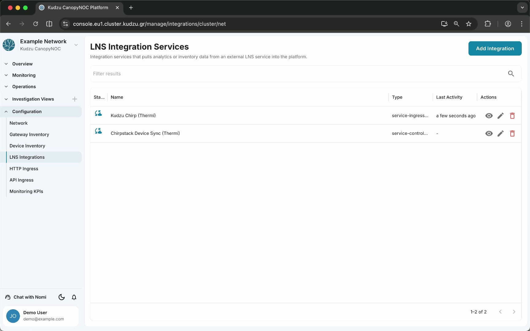 LNS Integrations list in Canopy NOC