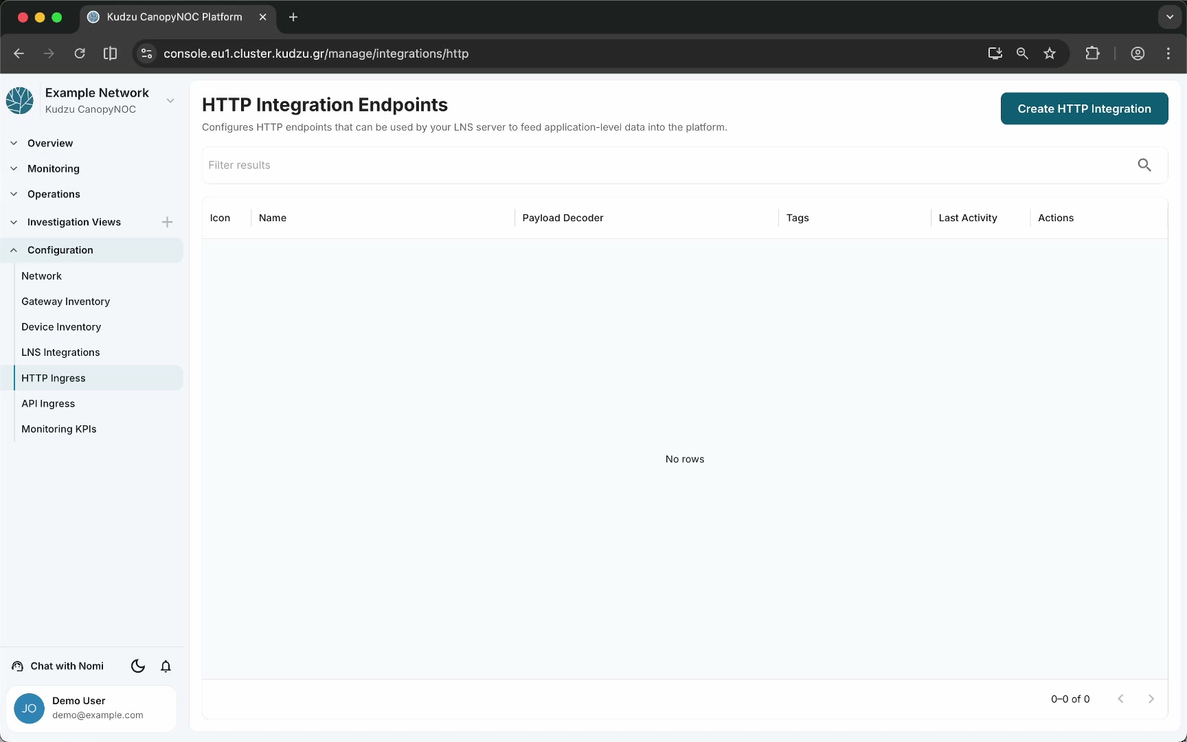 Create HTTP Integration dialog