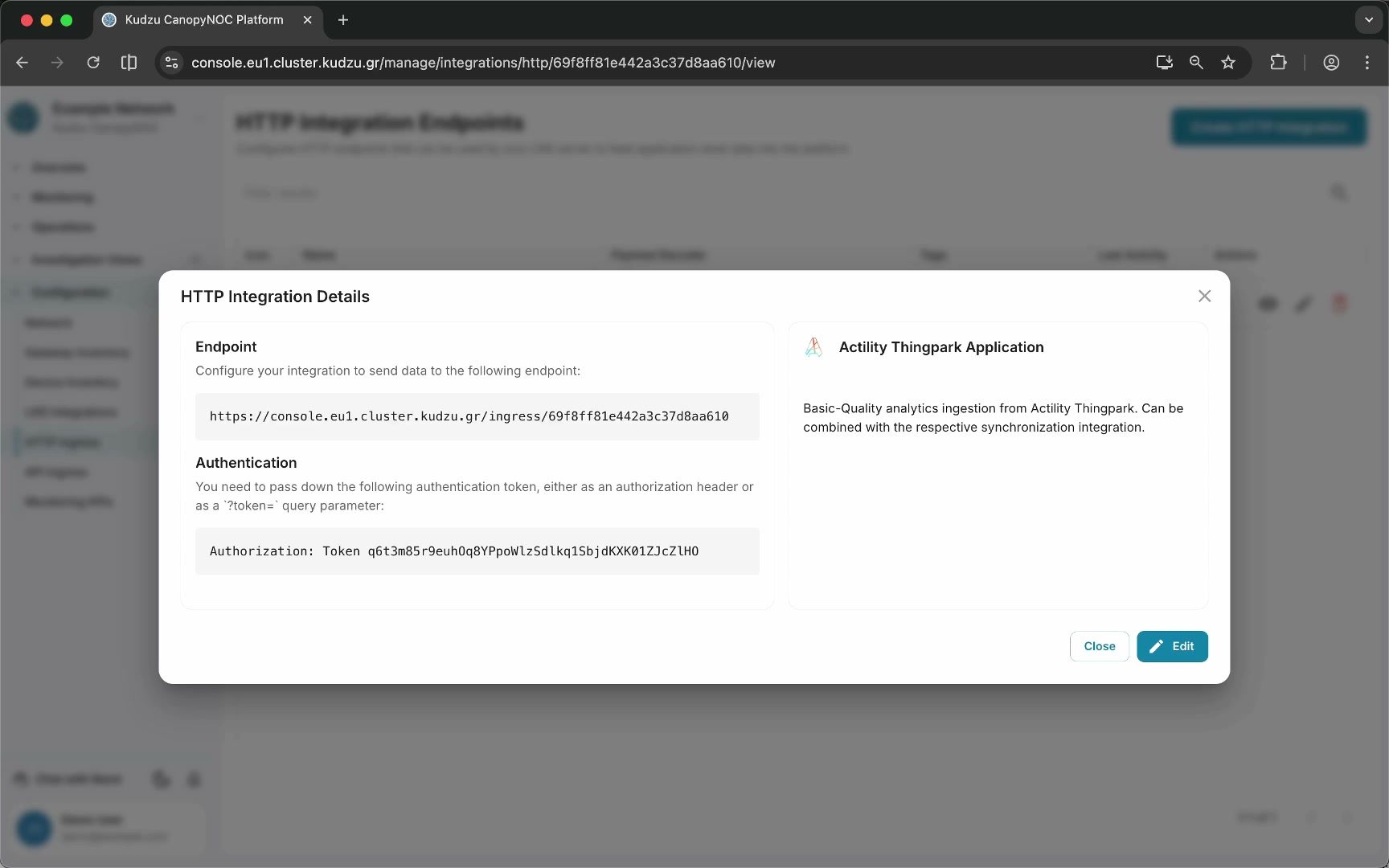 HTTP Ingress detail showing endpoint URL and token