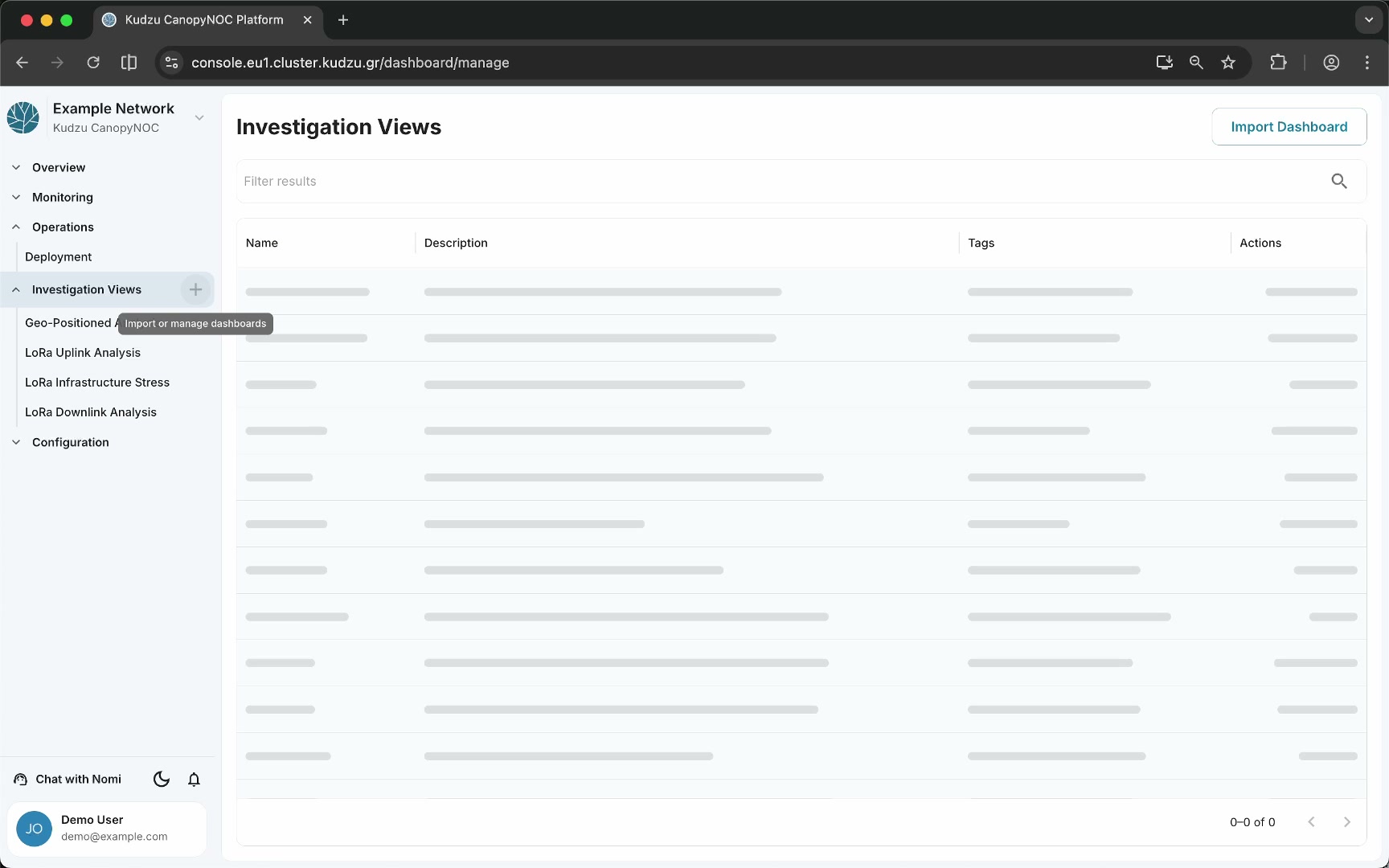 Dashboard management page with import button