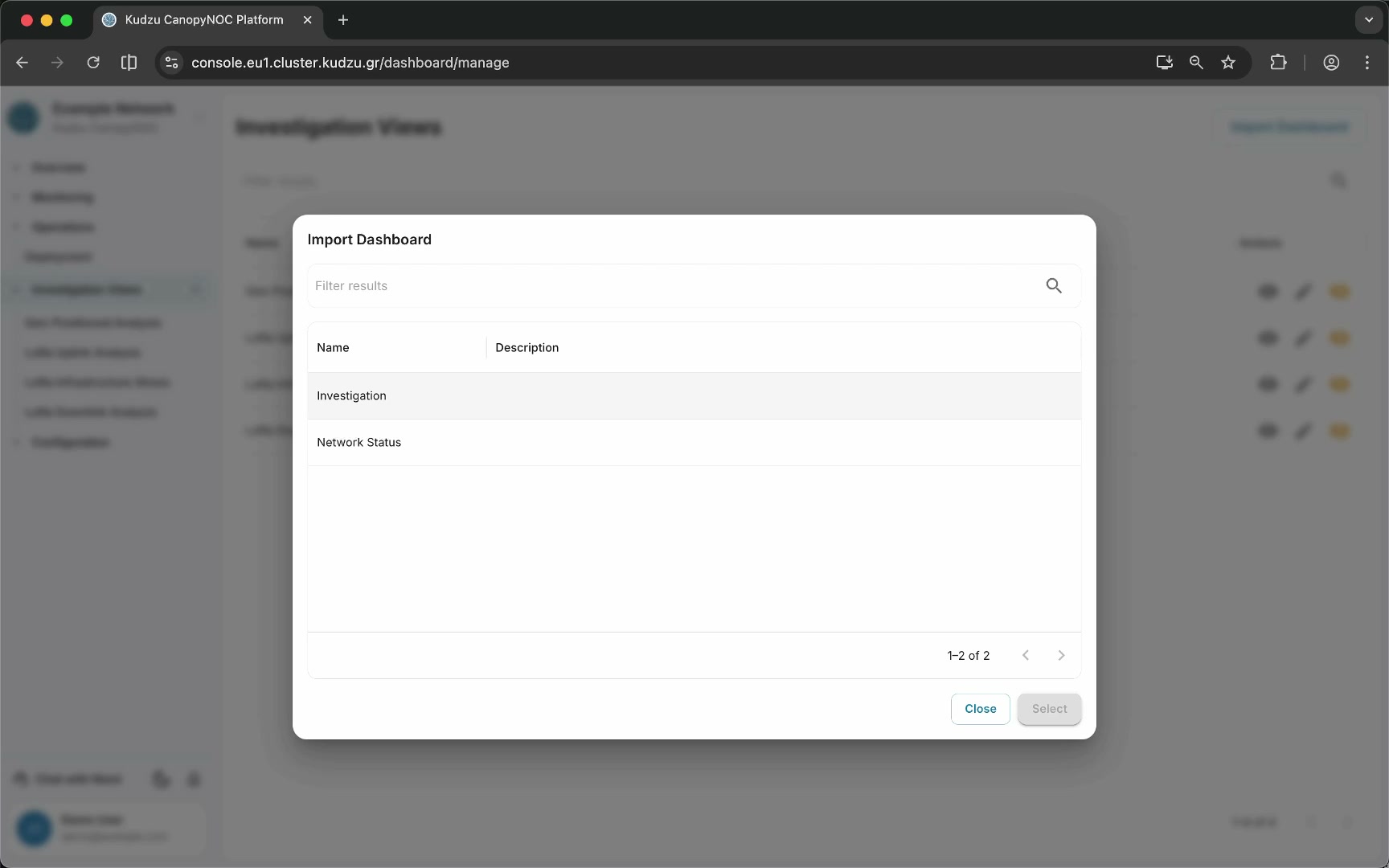 Dashboard selection modal