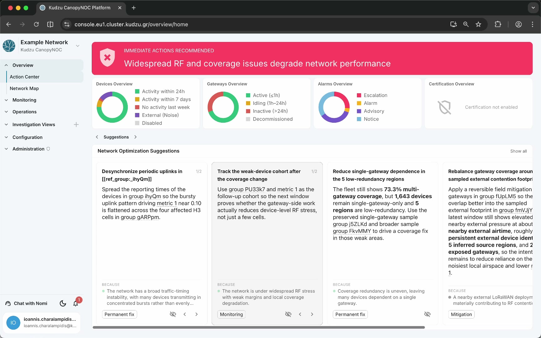 Network optimization suggestion cards