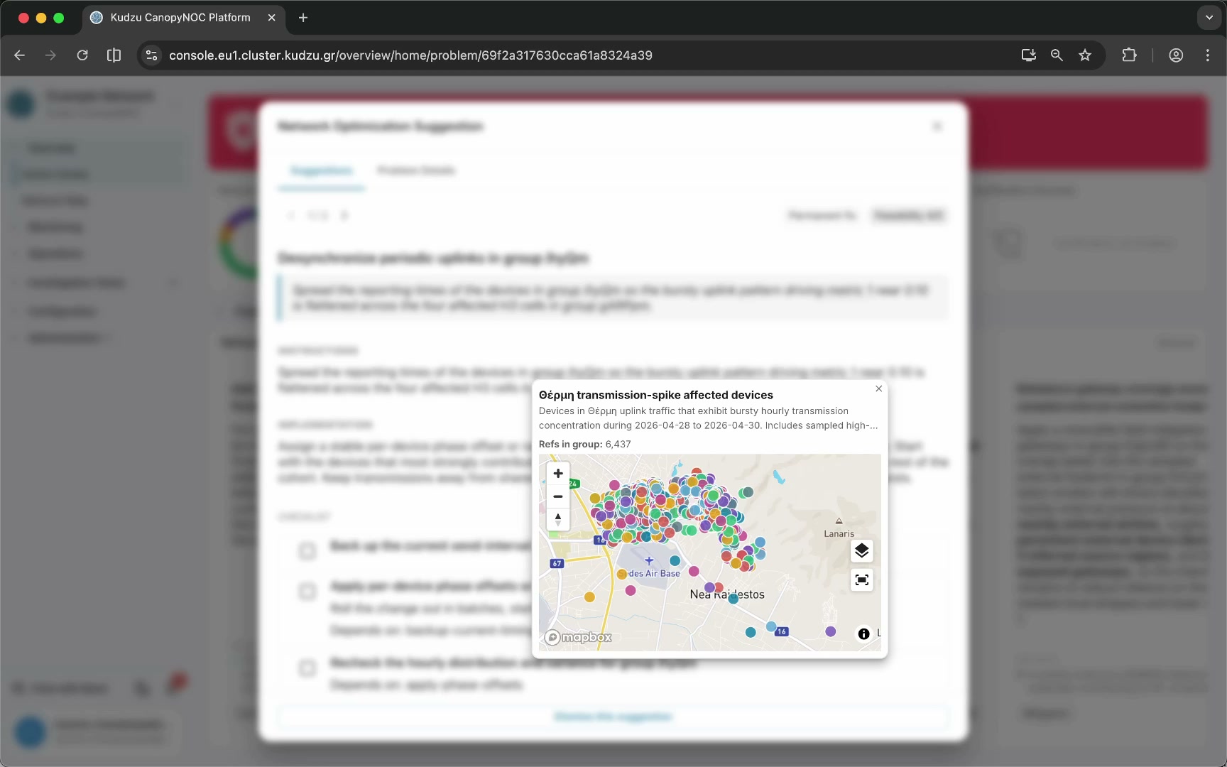 Context popup showing affected devices on map