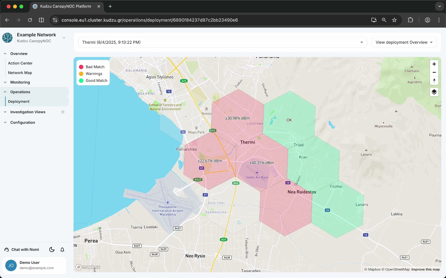 Deployment overview with red, blue, and green hexagon cells