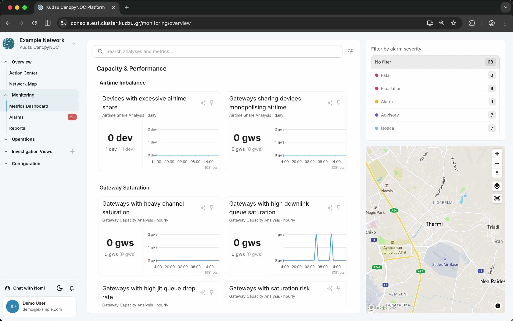 Metrics Dashboard overview with metric cards and map panel