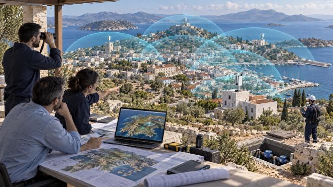 Μηχανικοί σχεδιάζουν θέσεις πυλών και επικαλυπτόμενη κάλυψη LoRaWAN σε νησιωτικό δήμο